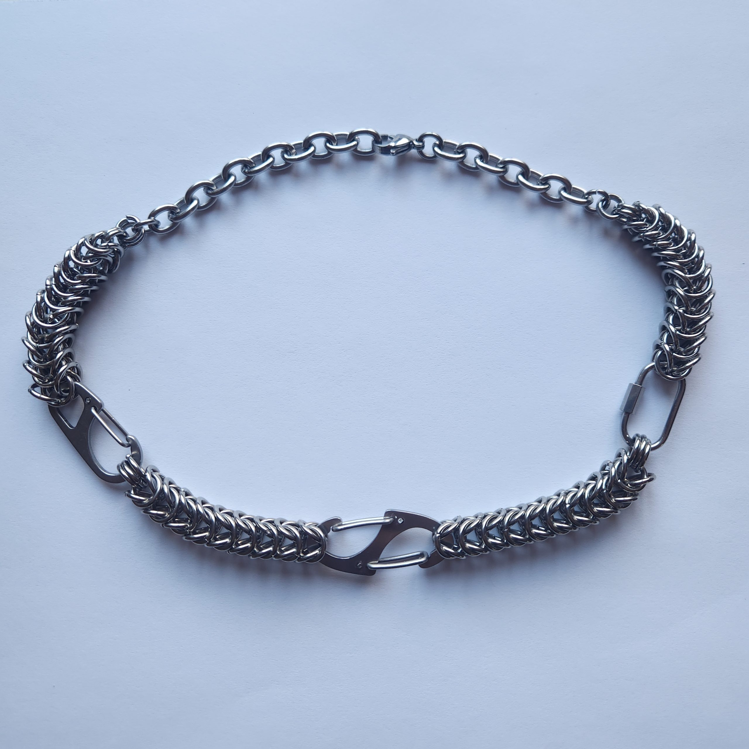 Handmade Chainmaille Necklace made from Stainless Steel Rings, and repurposed carabiner clips
