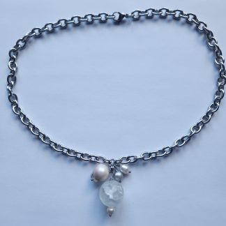 Handmade necklace made from frosted quartz, various freshwater pearls, and stainless steel chain. Measure: Max Length 20.5"