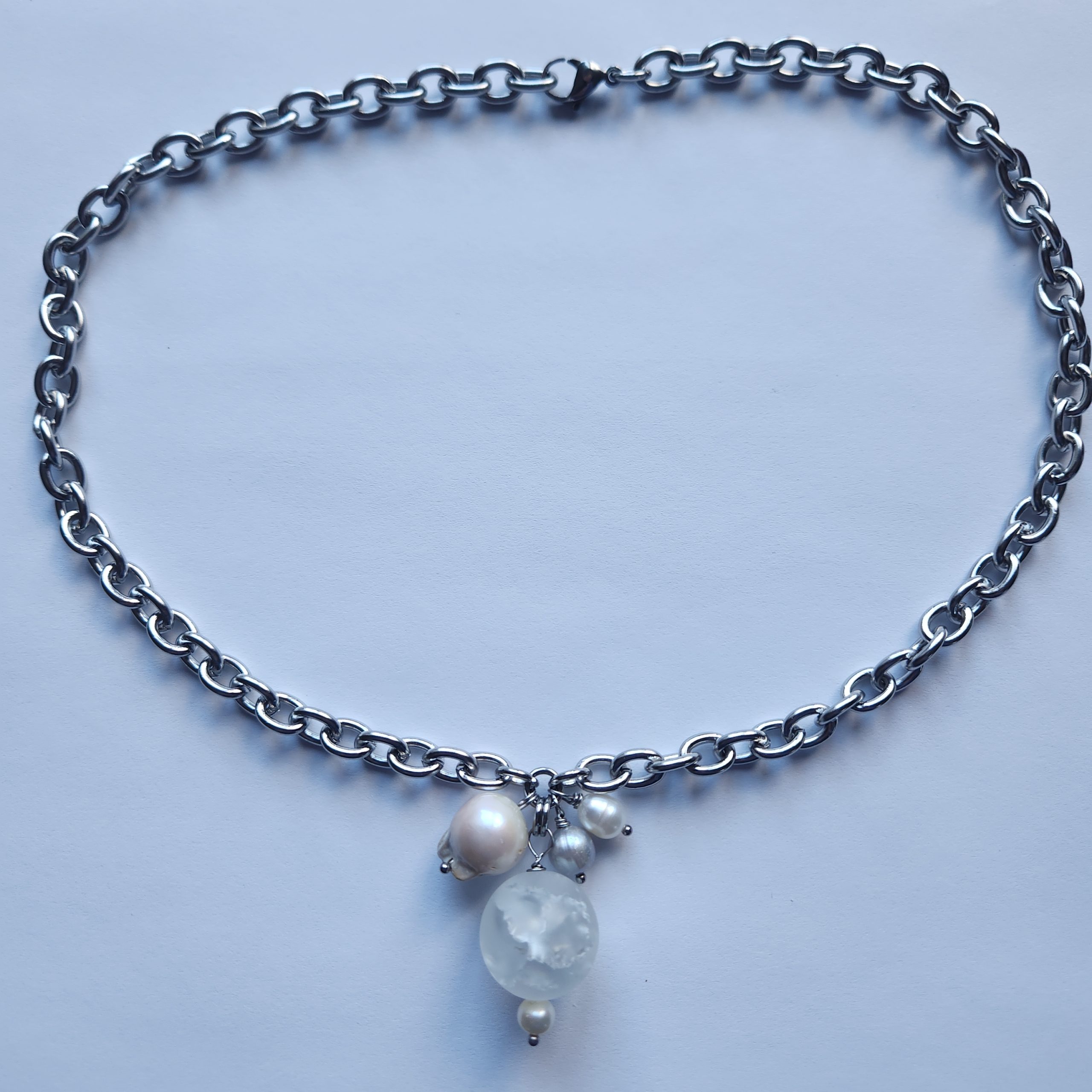 Handmade necklace made from frosted quartz, various freshwater pearls, and stainless steel chain. Measure: Max Length 20.5"