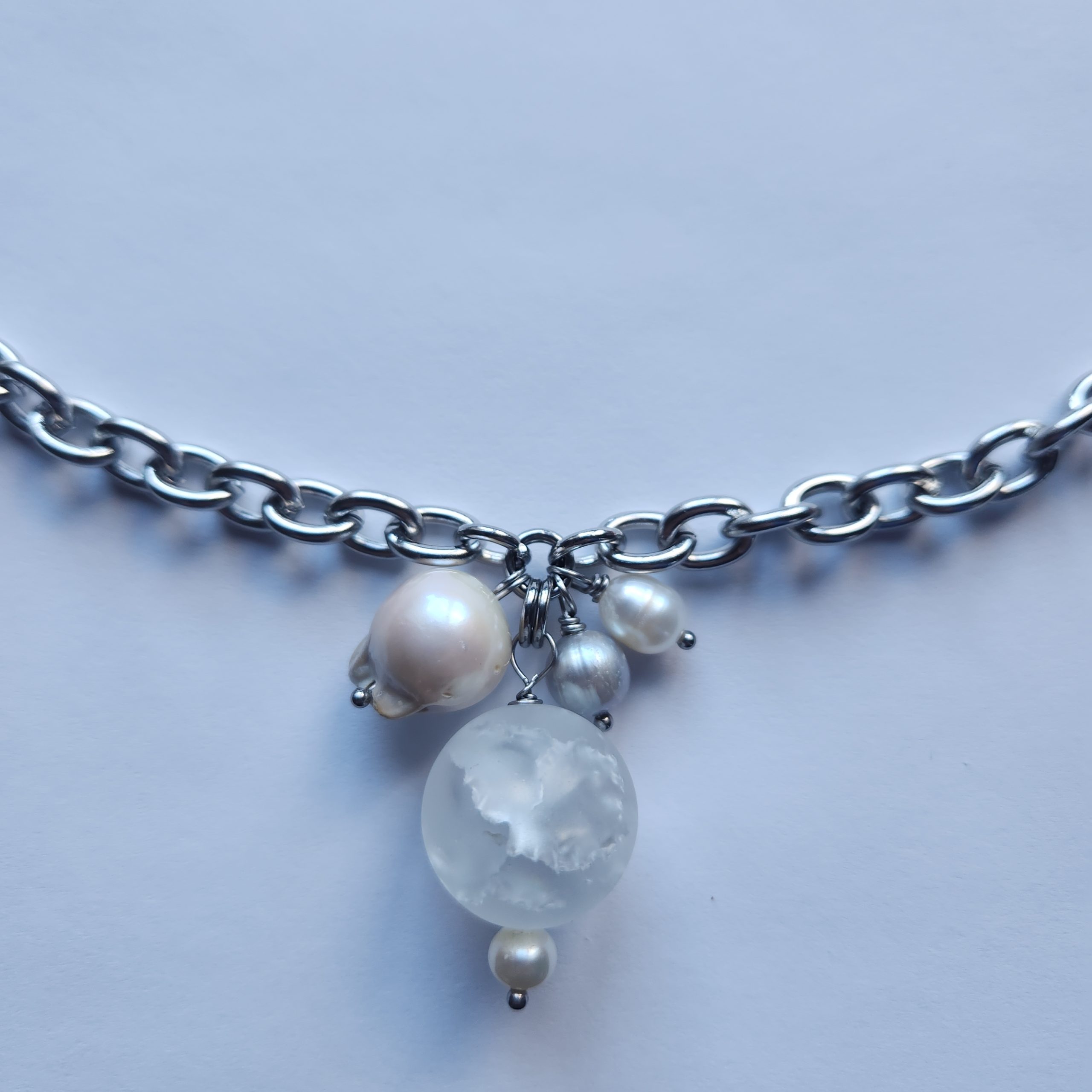 Handmade necklace made from frosted quartz, various freshwater pearls, and stainless steel chain. Measure: Max Length 20.5"
